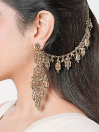 Handcrafted Shanaya Luxe Artisan Earrings featuring brass metal, thread embroidery and bead detailing with an elegant Antique Finish for bridal and festive wear.