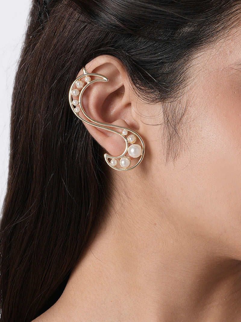 Sia Pearl Modern Earrings handcrafted with faux pearls and brass metal in a Gold Tone Finish, featuring a sculptural contemporary ear cuff design perfect for weddings, cocktail parties, festive celebrations, receptions, and modern everyday styling.