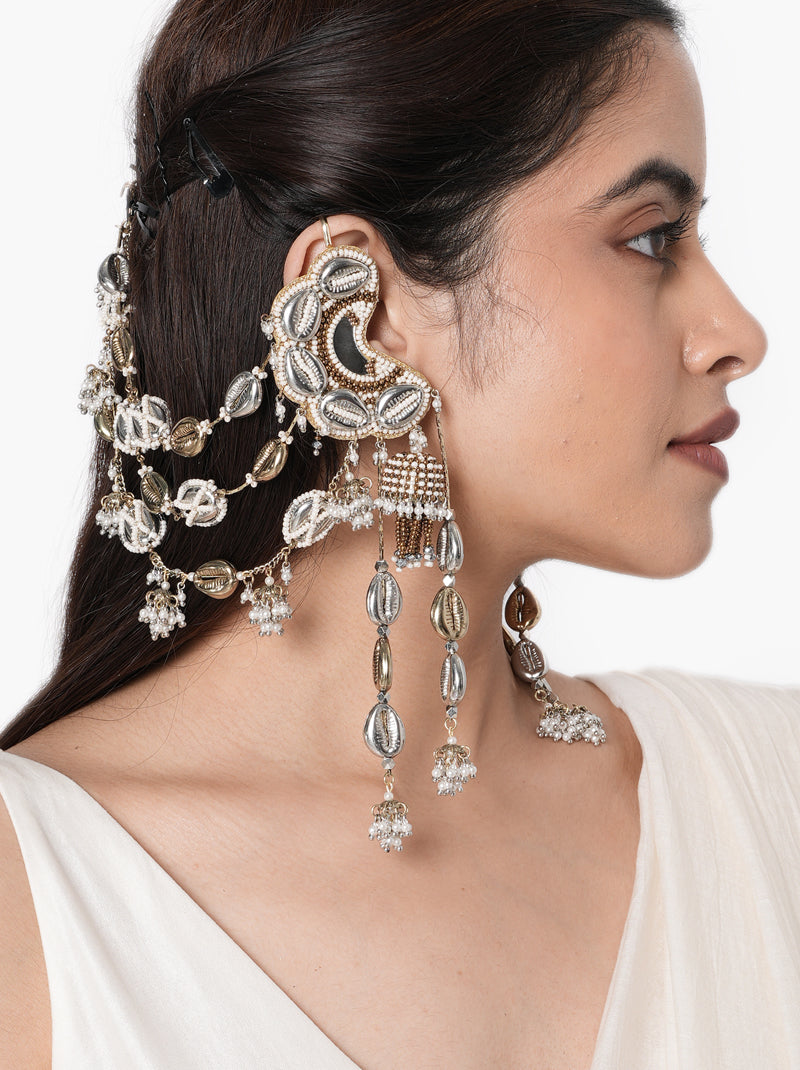 Sonia Antique Fashion Earchain handcrafted with natural shells, layered shell chains, faux pearl embroidery, delicate glass bead tassels, and an Antique Tone Finish, perfect for Haldi, Mehndi, destination weddings, beach weddings, receptions, and luxury bridal styling.