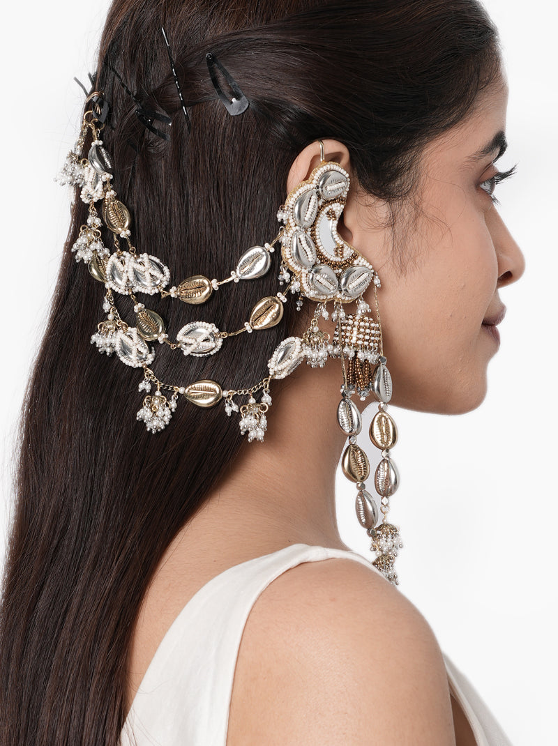 Sonia Antique Fashion Earchain handcrafted with natural shells, layered shell chains, faux pearl embroidery, delicate glass bead tassels, and an Antique Tone Finish, perfect for Haldi, Mehndi, destination weddings, beach weddings, receptions, and luxury bridal styling.