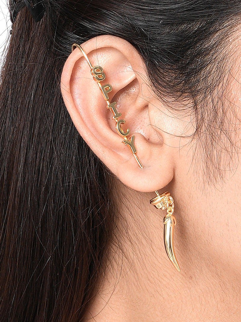 Spicy Moodcuff pair handcrafted in brass metal with bold SPICY lettering and a Gold Tone Finish, perfect for parties, birthdays, vacations, festive occasions, concerts, and contemporary statement styling.