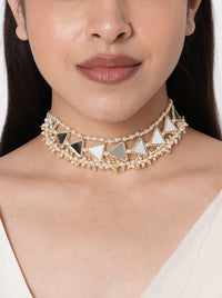 Susan Mirror Fashion Choker handcrafted with geometric mirror accents, faux pearls, intricate glass bead embroidery, and a Gold Tone Finish, perfect for Haldi, Mehndi, weddings, receptions, festive celebrations, cocktail parties, and contemporary ethnic styling.