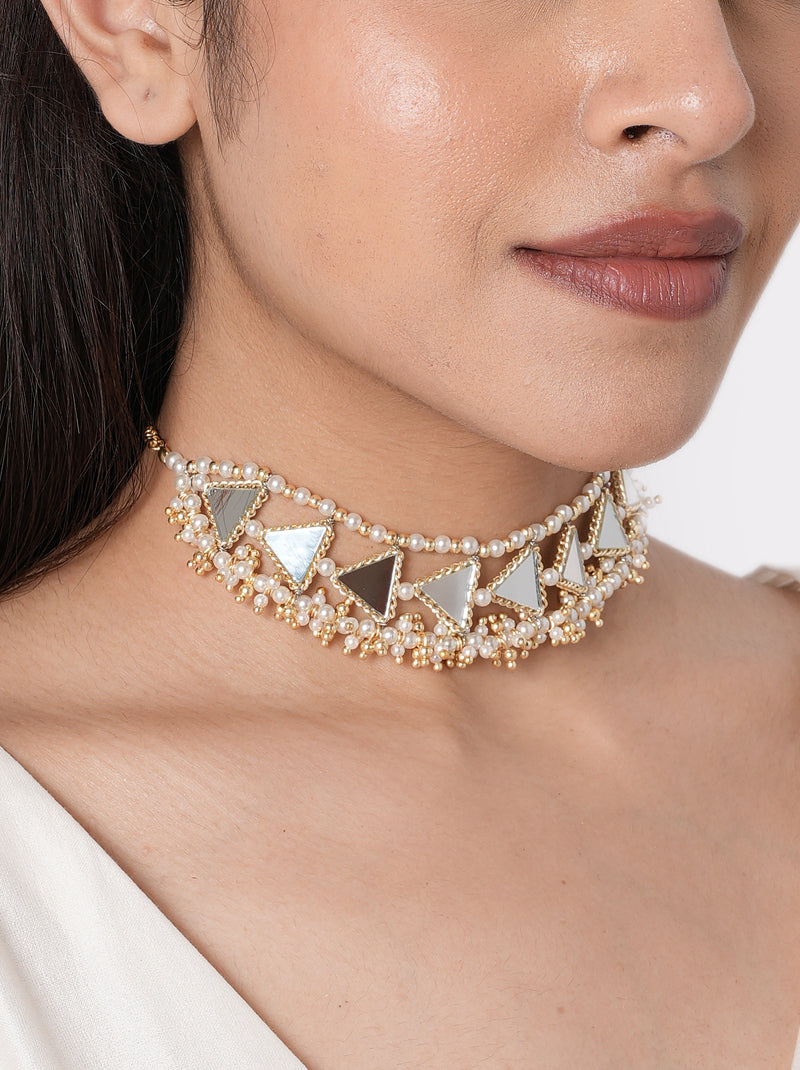 Susan Mirror Fashion Choker handcrafted with geometric mirror accents, faux pearls, intricate glass bead embroidery, and a Gold Tone Finish, perfect for Haldi, Mehndi, weddings, receptions, festive celebrations, cocktail parties, and contemporary ethnic styling.