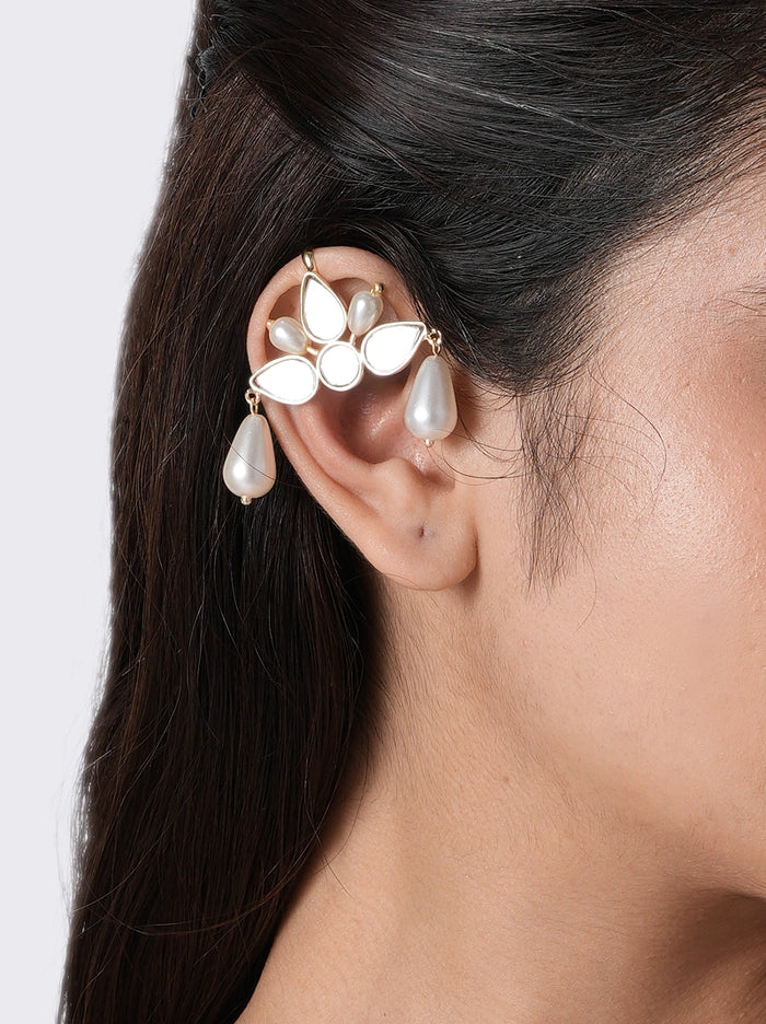 Tanu Pearl Fashion Earcuffs handcrafted with mirror glass floral motifs, faux pearl drops, and brass metal in a Gold Tone Finish, featuring a lightweight non-pierced ear cuff design perfect for weddings, festive celebrations, cocktail parties, receptions, and contemporary styling.