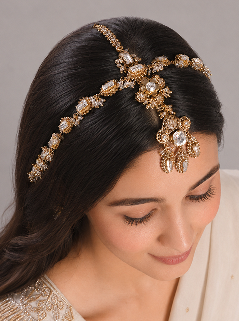 Handcrafted Triya Crystal Bridal Maathapatti featuring brass metal, sparkling glass crystals, intricate beadwork and an ornate dangling centerpiece with an elegant Antique Finish for bridal and festive wear.