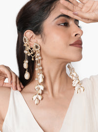 Unnati Fashion Shell Earrings handcrafted with natural shell petals, faux pearls, mirror accents, cascading glass bead chains, and a Gold Tone Finish, perfect for Haldi, Mehndi, destination weddings, beach weddings, festive celebrations, cocktail parties, and luxury ethnic styling.
