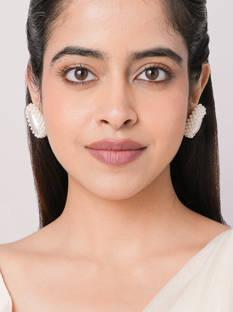 Yana Pearl Oval Stud Earrings handcrafted with an oval faux pearl centre, pearl bead embroidery and a Gold Tone Finish, perfect for everyday elegance, festive wear and weddings.