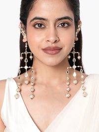 Vertika Mirror Designer Earrings handcrafted with mirror accents, faux pearls, cascading glass bead detailing, and a Gold Tone Finish, perfect for weddings, receptions, Haldi, Mehndi, Sangeet, festive occasions, destination weddings, and luxury bridal styling.