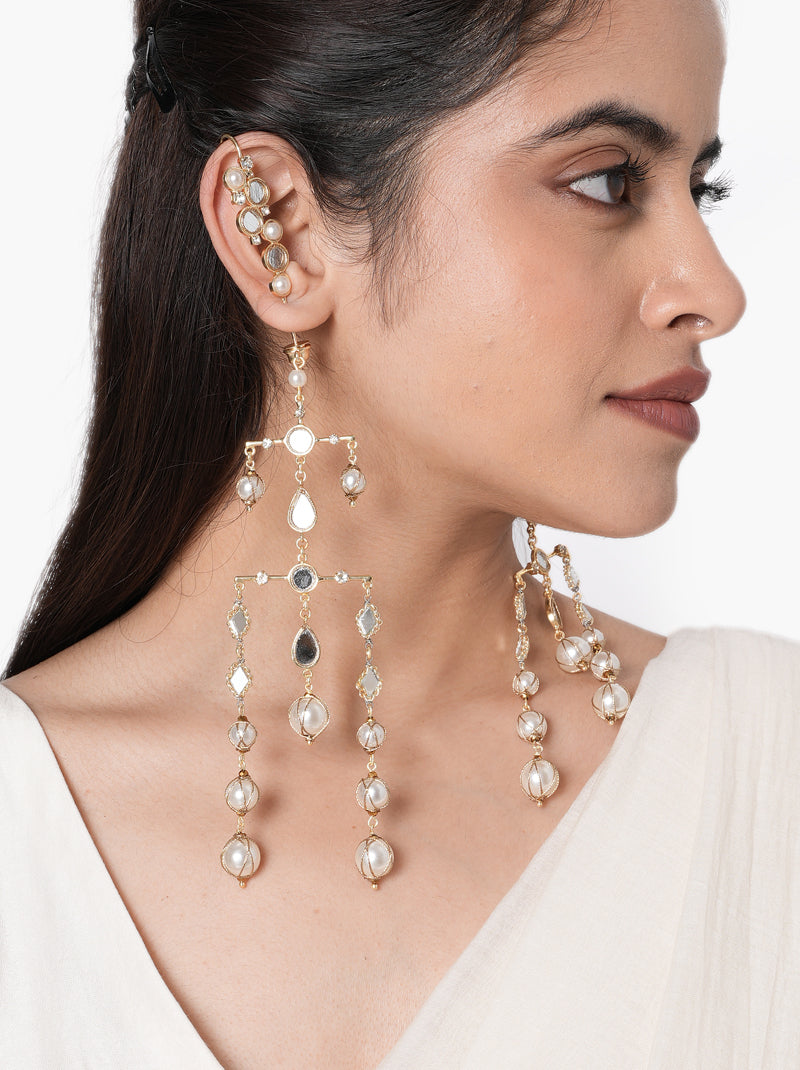 Vertika Mirror Designer Earrings handcrafted with mirror accents, faux pearls, cascading glass bead detailing, and a Gold Tone Finish, perfect for weddings, receptions, Haldi, Mehndi, Sangeet, festive occasions, destination weddings, and luxury bridal styling.