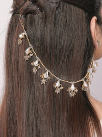 Handcrafted Ziya Crystal Designer Earchain featuring antique gold beaded chains, sparkling pear-shaped crystal drops, and elegant floral detailing for bridal, wedding, and festive hairstyles.