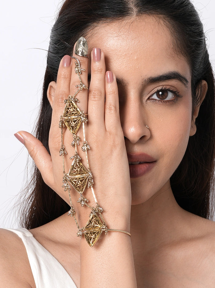Zareen Ethnic Designer Haathphool handcrafted with brass metal, woven geometric motifs, delicate glass bead accents, and an Antique Tone Finish, featuring an adjustable finger ring and open bangle, perfect for weddings, mehendi, haldi, festive occasions, and traditional Indian styling.
