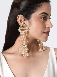 Zivara Pearl Fashion Earring handcrafted with faux pearls, mirror accents, glass stones, glass bead detailing, and brass metal in a Gold Tone Finish, featuring a layered chandelier design with elegant pearl drops, perfect for weddings, festive occasions, receptions, cocktail parties, and bridal styling.