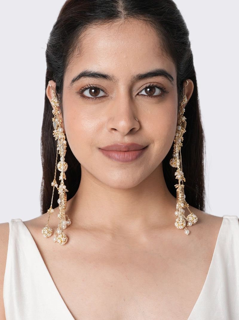 Zivara Pearl Fashion Earring handcrafted with faux pearls, mirror accents, glass stones, glass bead detailing, and brass metal in a Gold Tone Finish, featuring a layered chandelier design with elegant pearl drops, perfect for weddings, festive occasions, receptions, cocktail parties, and bridal styling.