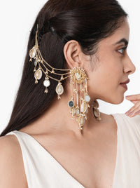 Zoya Mirror Shell Earchain handcrafted with natural shells, mirror accents, cascading brass chains, glass bead detailing, and a Gold Tone Finish, perfect for brides, Haldi, Mehndi, Sangeet, destination weddings, receptions, and luxury bridal styling.