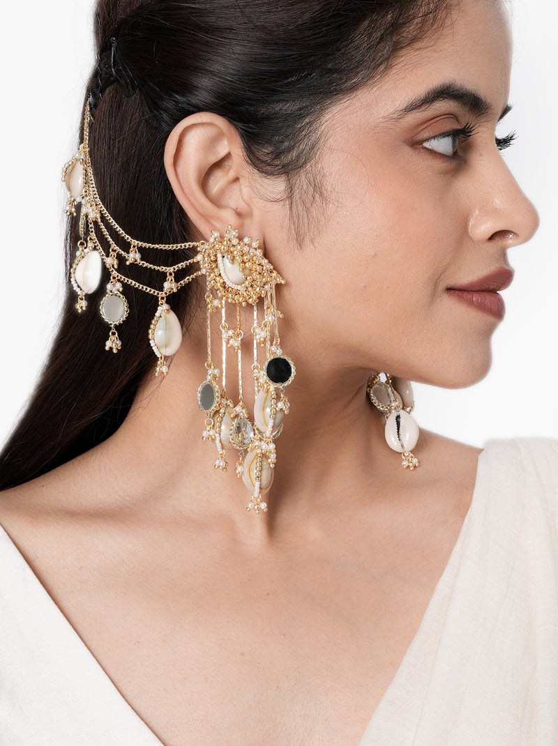 Zoya Mirror Shell Earchain handcrafted with natural shells, mirror accents, cascading brass chains, glass bead detailing, and a Gold Tone Finish, perfect for brides, Haldi, Mehndi, Sangeet, destination weddings, receptions, and luxury bridal styling.