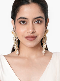 Zoya Mirror Shell Earchain handcrafted with natural shells, mirror accents, cascading brass chains, glass bead detailing, and a Gold Tone Finish, perfect for brides, Haldi, Mehndi, Sangeet, destination weddings, receptions, and luxury bridal styling.