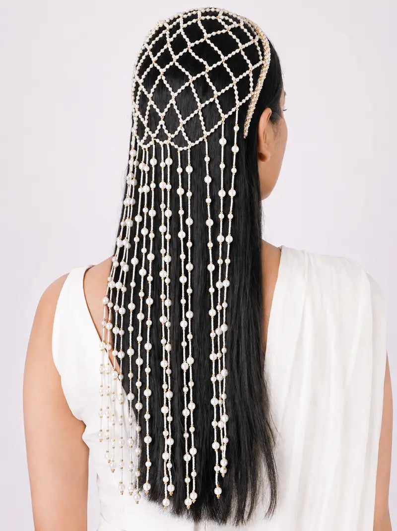 Aakruti Pearl Hair Accessory featuring handcrafted faux pearl net design with cascading pearl strands for elegant bridal and wedding hairstyles.