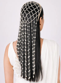 Aakruti Pearl Hair Accessory featuring handcrafted faux pearl net design with cascading pearl strands for elegant bridal and wedding hairstyles.