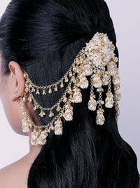 Alka Pearl Chain Hair Accessory featuring handcrafted pearl clusters, cascading gold chains, floral detailing and a gold tone finish with ear chain accents, perfect for bridal hairstyles, weddings and festive celebrations.
