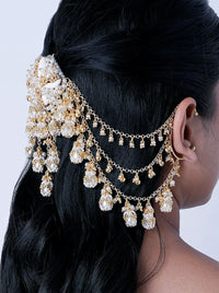Alka Pearl Chain Hair Accessory featuring handcrafted pearl clusters, cascading gold chains, floral detailing and a gold tone finish with ear chain accents, perfect for bridal hairstyles, weddings and festive celebrations.