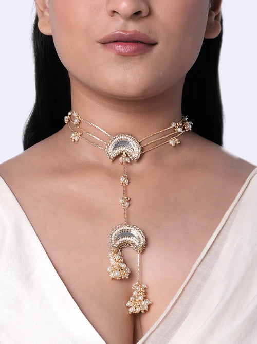 Chandrika Crescent Pearl Choker handcrafted with embroidered crescent motifs, faux pearls and delicate beadwork for bridal, wedding and festive styling.