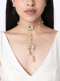 Chandrika Designer Bridal Choker handcrafted with embroidered crescent motifs, faux pearls and delicate beadwork for bridal, wedding and festive styling.