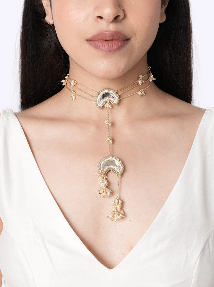 Chandrika Designer Bridal Choker handcrafted with embroidered crescent motifs, faux pearls and delicate beadwork for bridal, wedding and festive styling.