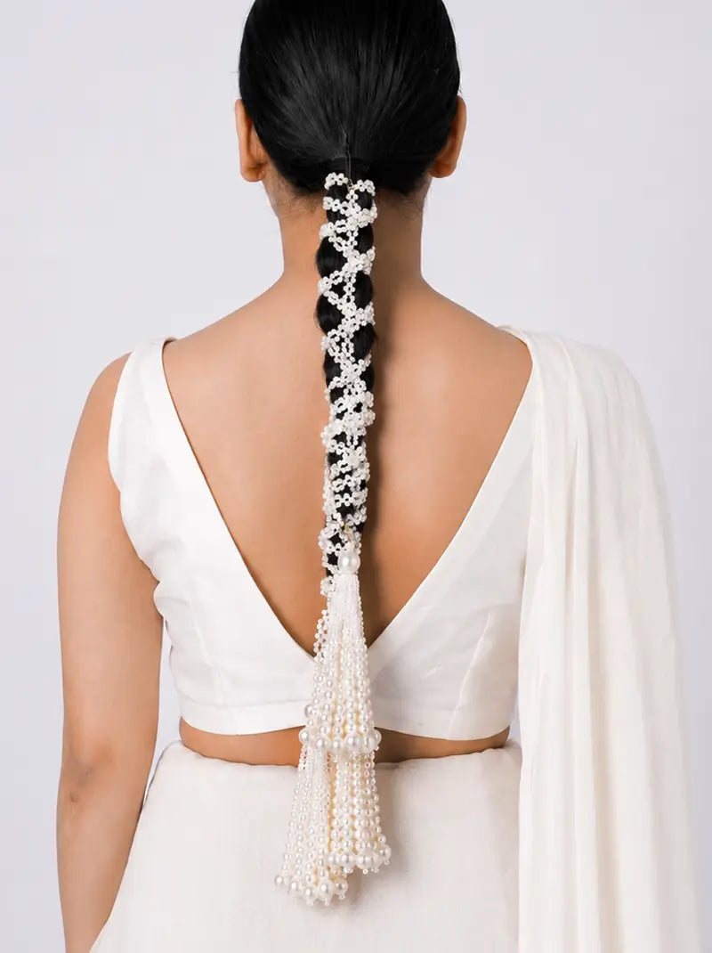 Kalindi Designer Pearl Parandi handcrafted with intricate faux pearl braid detailing, cascading pearl tassels , designed for bridal braids, weddings and festive occasions.
