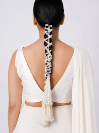 Kalindi Designer Pearl Parandi handcrafted with intricate faux pearl braid detailing, cascading pearl tassels , designed for bridal braids, weddings and festive occasions.