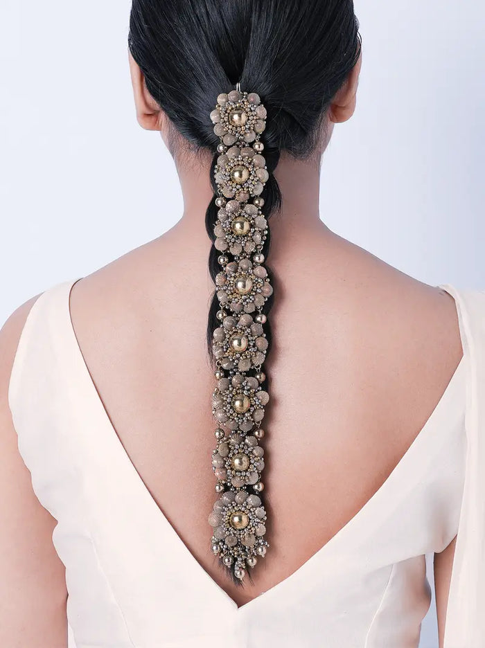 Kundh Bridal Hair Accessory featuring handcrafted floral motifs with antique dual-tone beadwork for elegant bridal braid hairstyles.
