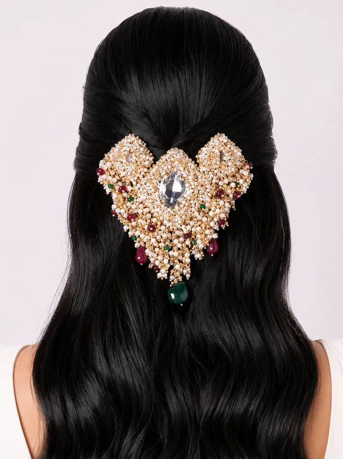 Lakshi Heritage Hair Accessory handcrafted with crystal stones, ruby red and emerald green accents, intricate beadwork and an antique gold tone finish, ideal for bridal hairstyles, weddings and festive celebrations.