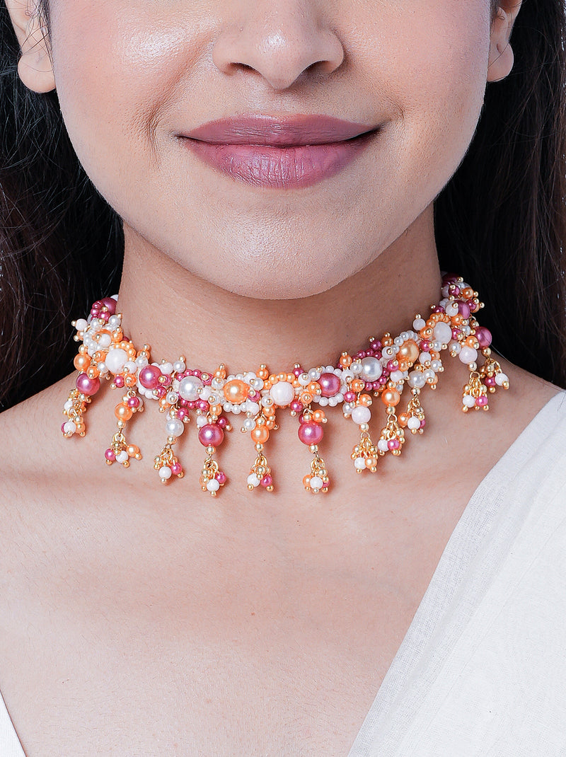 Mohini Pearl Beaded Choker handcrafted with multicolour pearls, intricate bead embroidery, elegant hanging pearl charms and a gold tone finish for bridal and festive occasions.