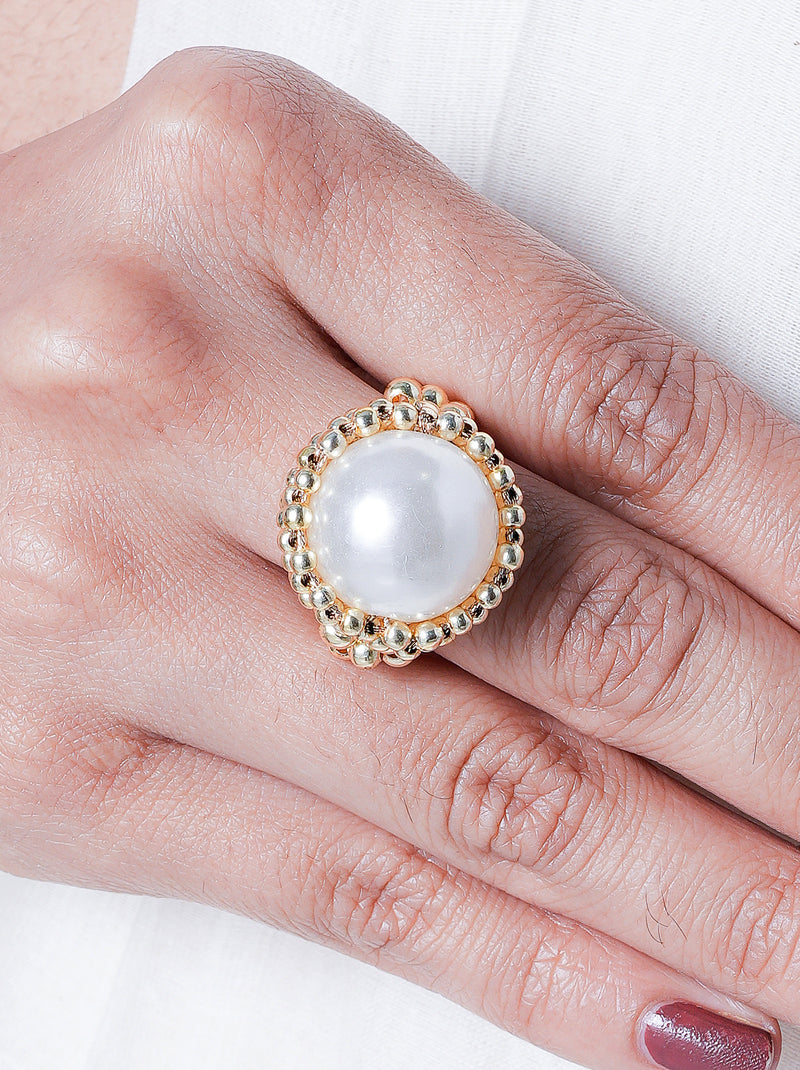 Motichoor Pearl Statement Ring handcrafted with a luminous pearl centerpiece, polished gold bead border, adjustable band, and luxurious 22kt Gold Plating for elegant festive and everyday styling.