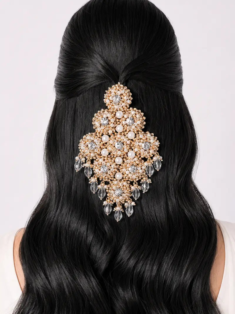 Naomi Pearl Statement Hair Accessory featuring handcrafted pearls, sparkling crystals and cascading crystal drops in a gold tone finish, perfect for bridal hairstyles, weddings, festive occasions and elegant half-up hair styling.