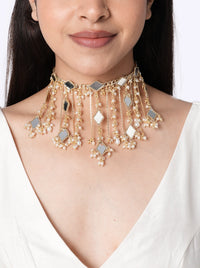 Panah Mirror Bridal Choker handcrafted with geometric mirror accents, cascading faux pearl tassels and gold tone finish for bridal, festive and statement styling.