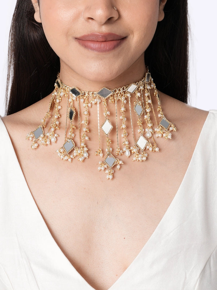 Panah Mirror Bridal Choker handcrafted with geometric mirror accents, cascading faux pearl tassels and gold tone finish for bridal, festive and statement styling.