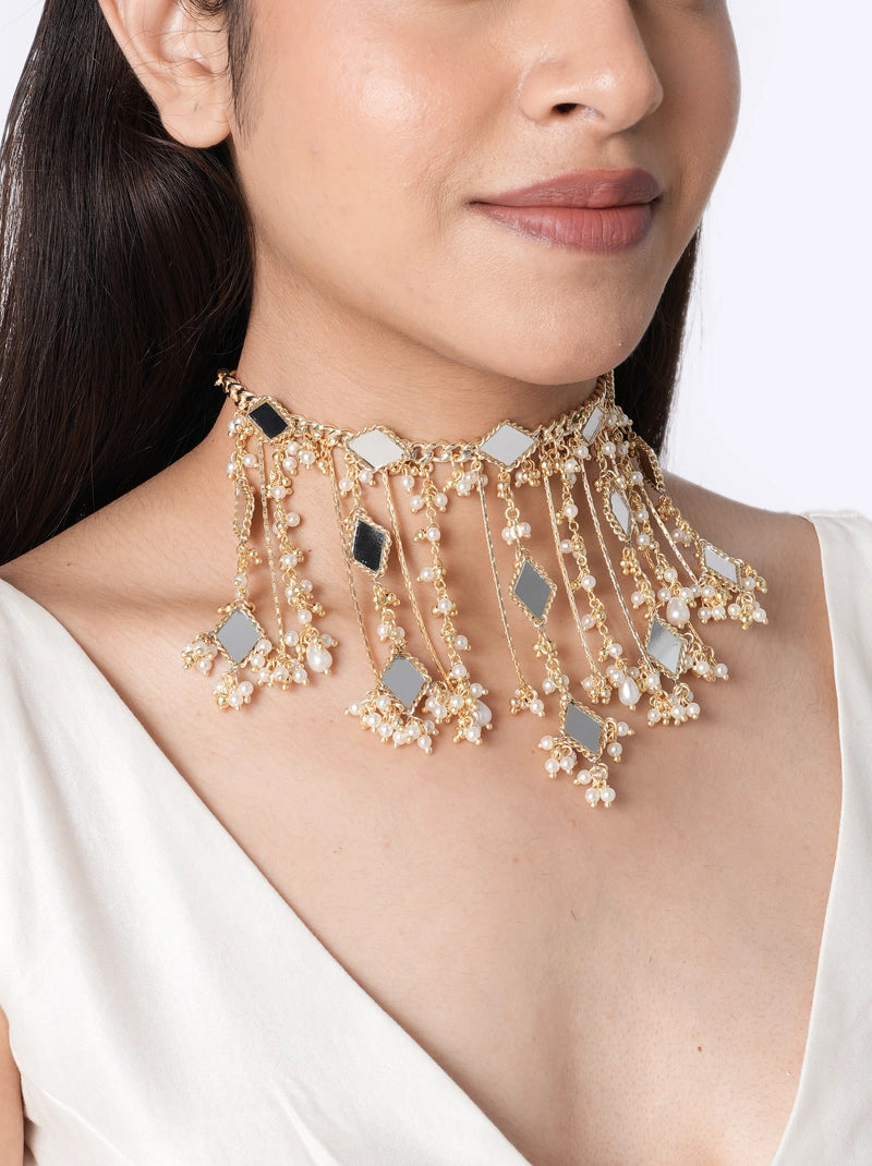 Panah Mirror Bridal Choker handcrafted with geometric mirror accents, cascading faux pearl tassels and gold tone finish for bridal, festive and statement styling.