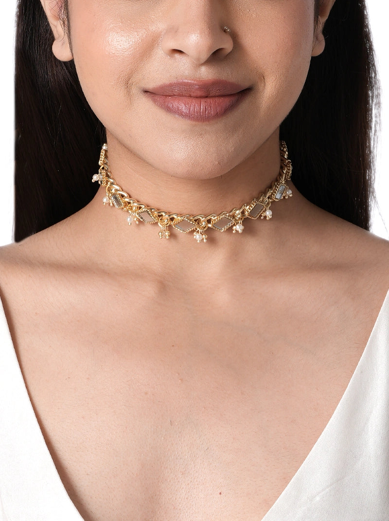Prerna Pearl Mirror Choker handcrafted with geometric brass links and delicate faux pearl charms in a gold tone finish for festive, wedding and contemporary styling.