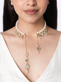 Vamika Mirror Designer Choker handcrafted with mirror accents, faux pearls, embroidered detailing and cascading tassels for bridal, wedding and festive styling.