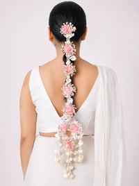 Varij Floral Style Braid handcrafted with blush pink flowers, faux pearls and cascading floral tassels for elegant bridal braid hairstyles.