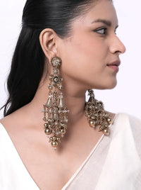Vishaka Antique Statement Earrings featuring handcrafted antique beadwork, layered chain tassels, dome accents, and Antique Tone Finish for bridal and festive occasions.