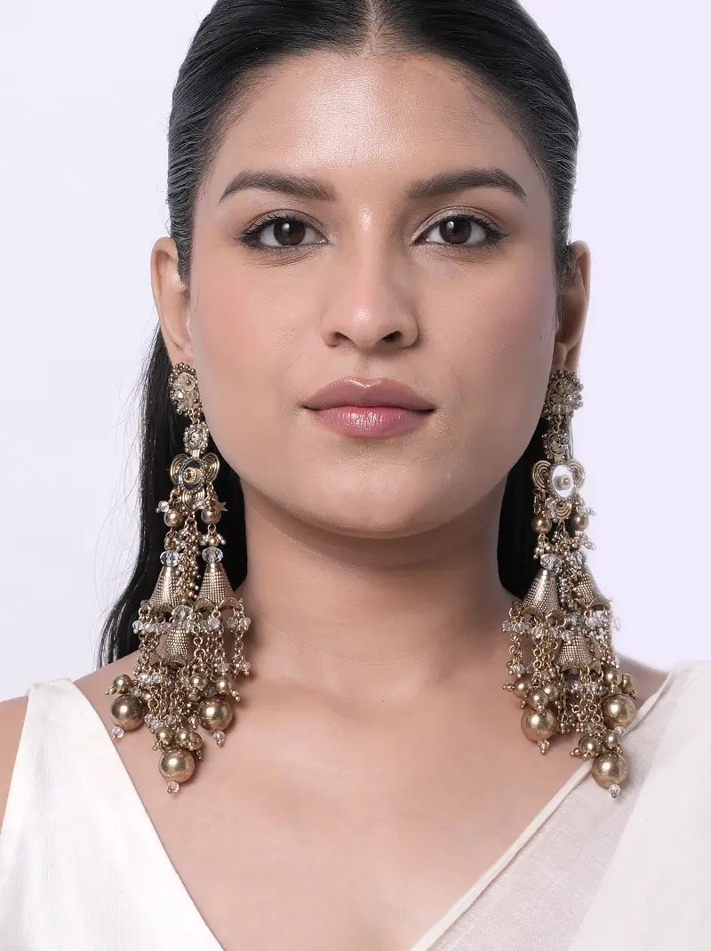 Vishaka Antique Statement Earrings featuring handcrafted antique beadwork, layered chain tassels, dome accents, and Antique Tone Finish for bridal and festive occasions.