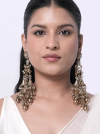 Vishaka Antique Statement Earrings featuring handcrafted antique beadwork, layered chain tassels, dome accents, and Antique Tone Finish for bridal and festive occasions.