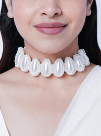 Yana Beaded Pearl Choker featuring oversized teardrop pearls with intricate seed bead embroidery for bridal, festive and contemporary statement styling.
