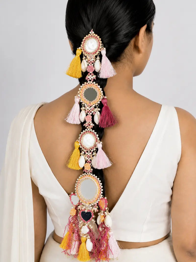 Zuvika Mirror Bridal Braid handcrafted with embroidered mirror motifs, faux pearls, shell embellishments and colourful tassels for vibrant Indian bridal braid hairstyles.